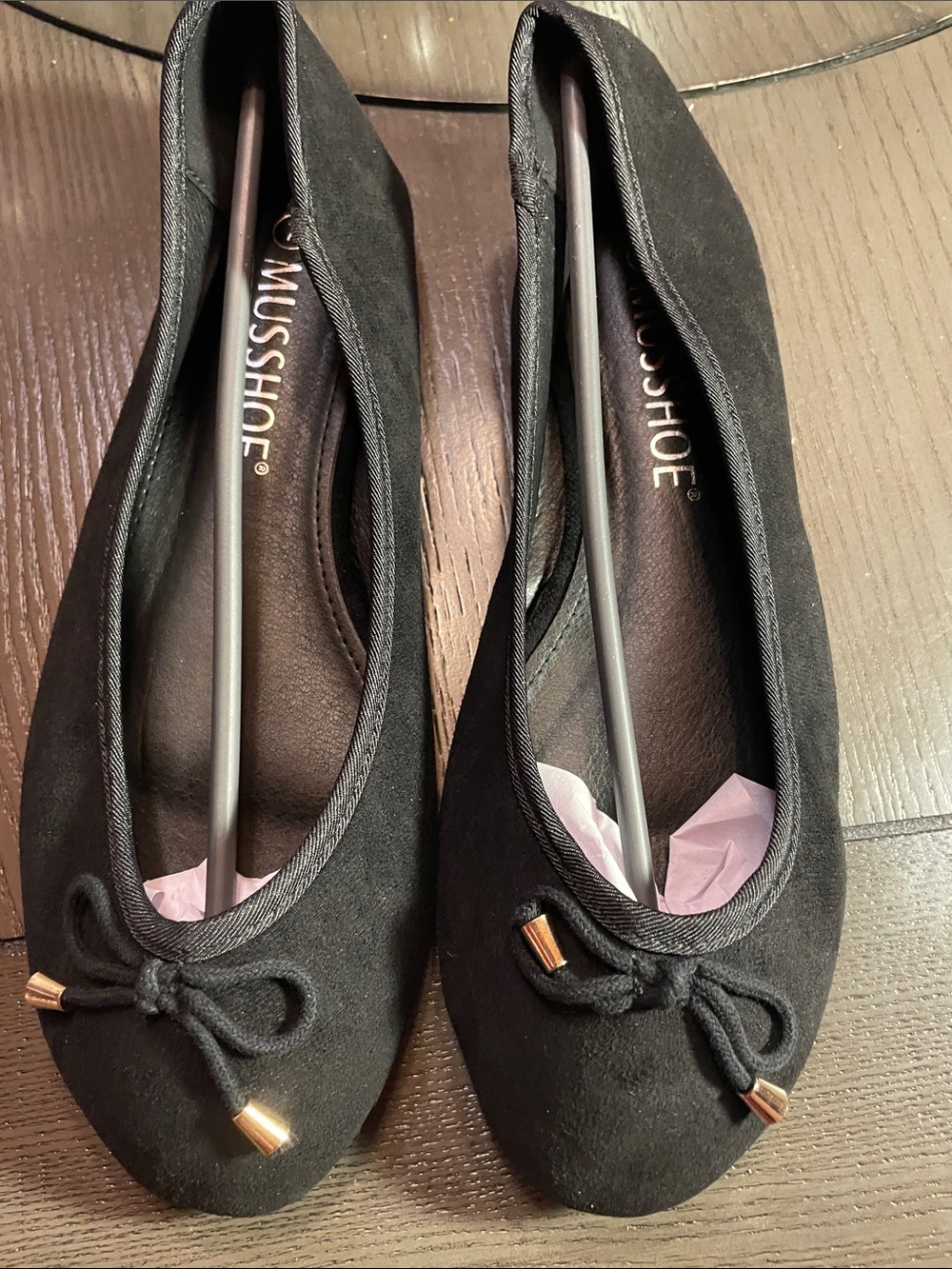 Mussshoe Black Suede Ballet Flats with Bow Detail